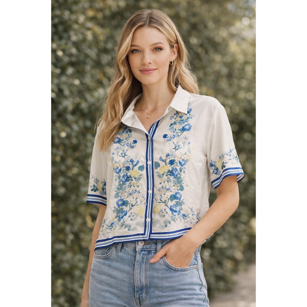Abercrombie Fitch Floral Button Up Blouse Women Small Blue Yellow Summer Top
